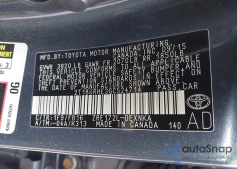 2016 Toyota Corolla Le из США, поврежденный, VIN 2T1BURHE3GC524714